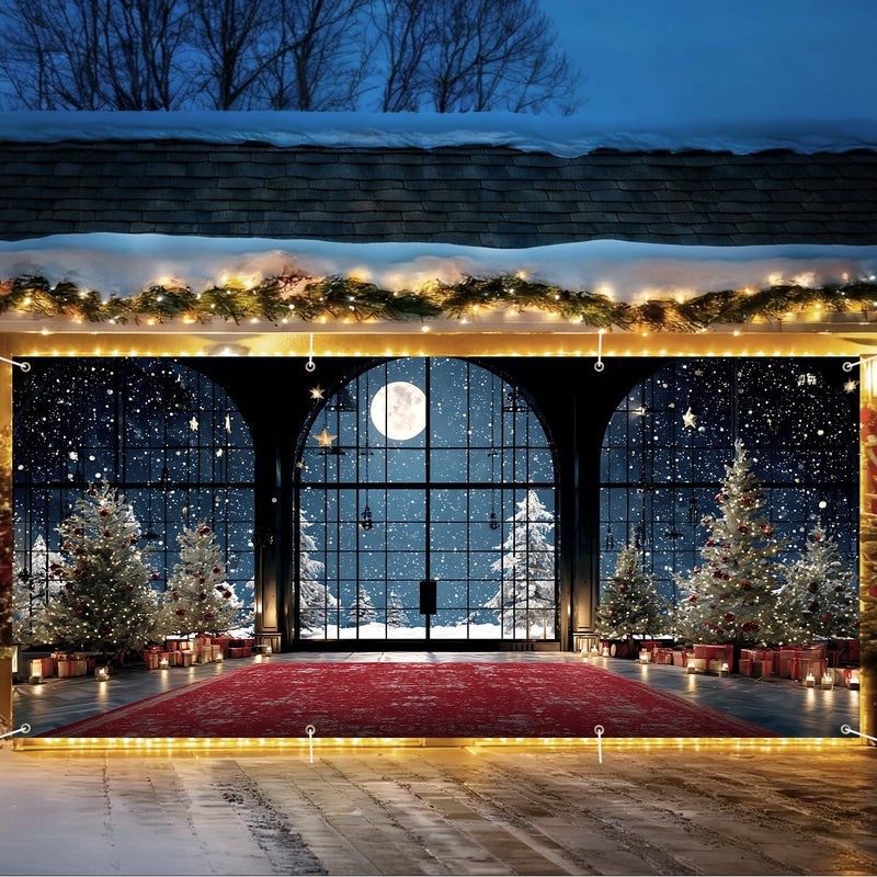 THISFIND Christmas Night Window Scene Garage Door Banner – Festive Indoor View with Moonlight, Trees & Gifts for Holiday Outdoor Decor - Image 1